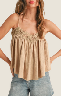 Miou Muse tan crochet lace trim camisole 
T4101-TAN