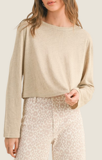 Miou Muse Taupe Linen Blend Basic Long Sleeve Tee