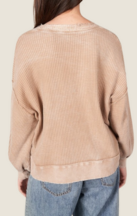 Taupe waffle knit long sleeve top with open placket, balloon sleeves, and raw edge detailing MT210266-TPE