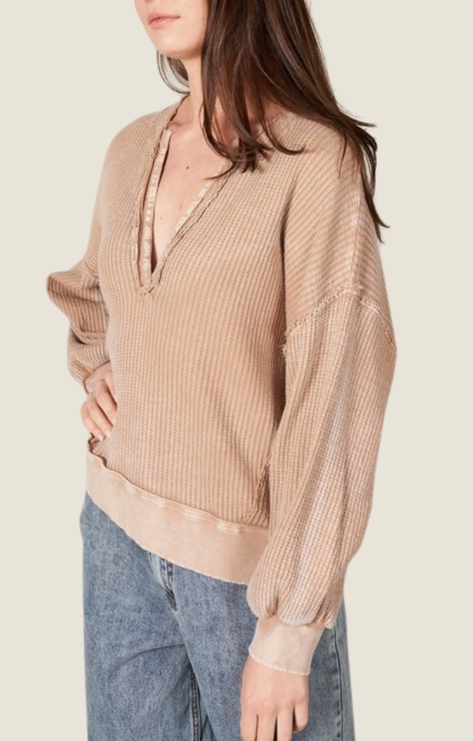 Taupe waffle knit long sleeve top with open placket, balloon sleeves, and raw edge detailing MT210266-TPE