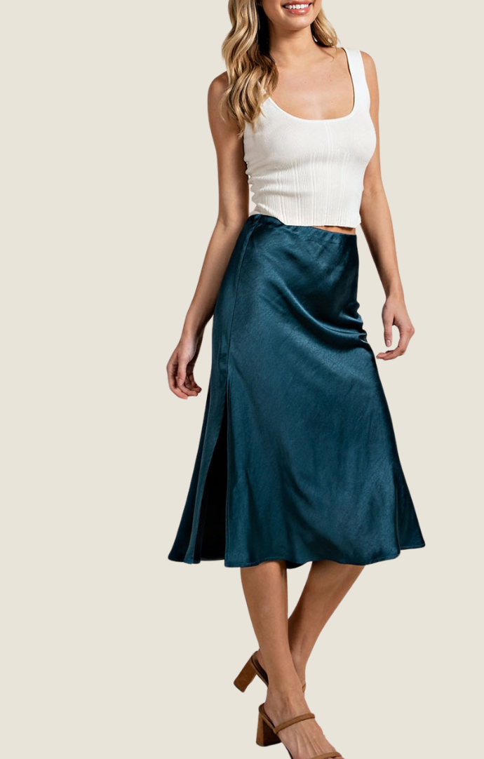 ES teal satin side slit midi skirt 
SKS7160-TEAL