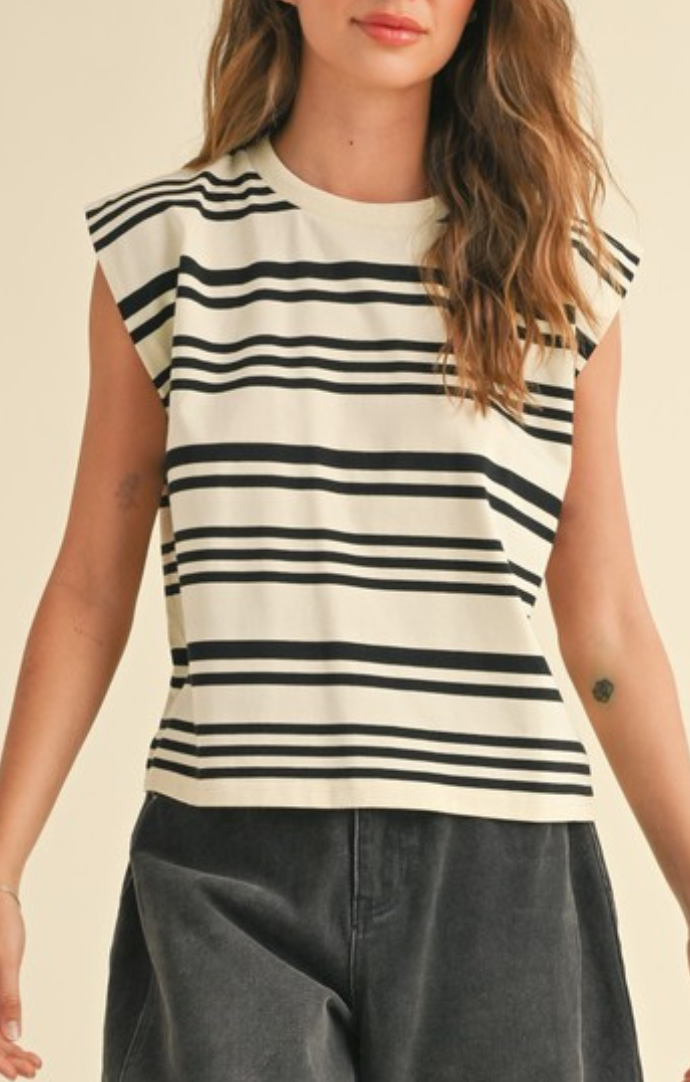 Miou Muse white/black stripe muscle t shirt T4339-WHTBLK