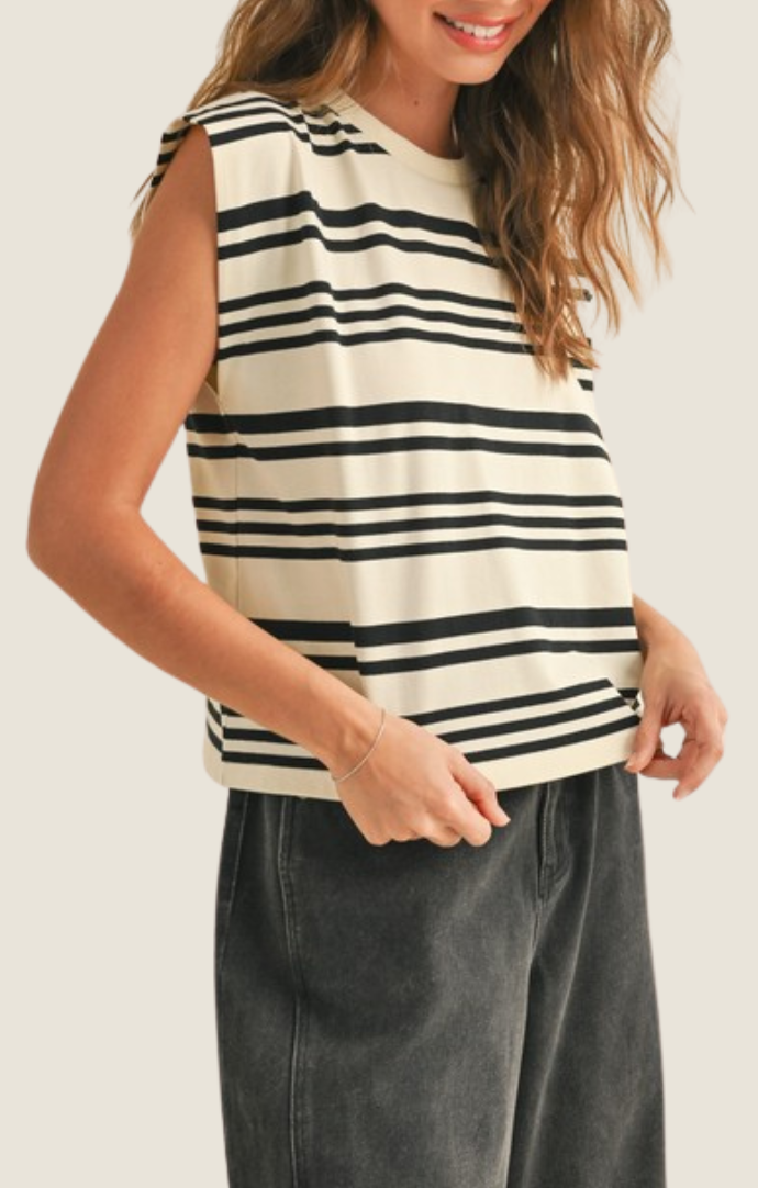 Miou Muse white/black stripe muscle t shirt T4339-WHTBLK