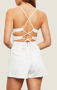 Mustard Seed white contrast stitch open back romper S23114-WHT