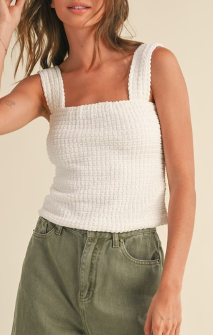 Miou Muse White Textured Fabric Cropped Tank