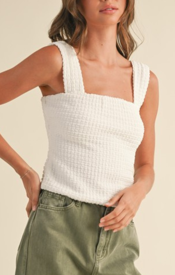 Miou Muse White Textured Fabric Cropped Tank